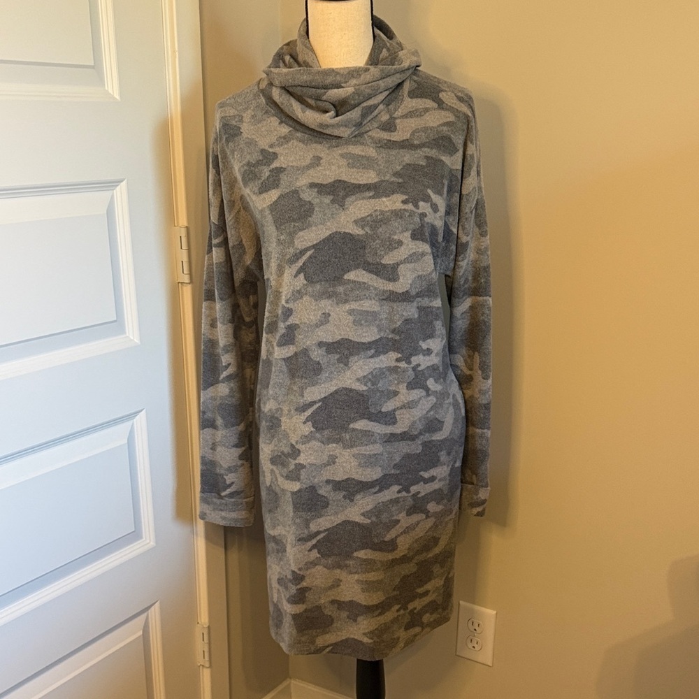 Gray Camo Cowl Neck Fleece Dress